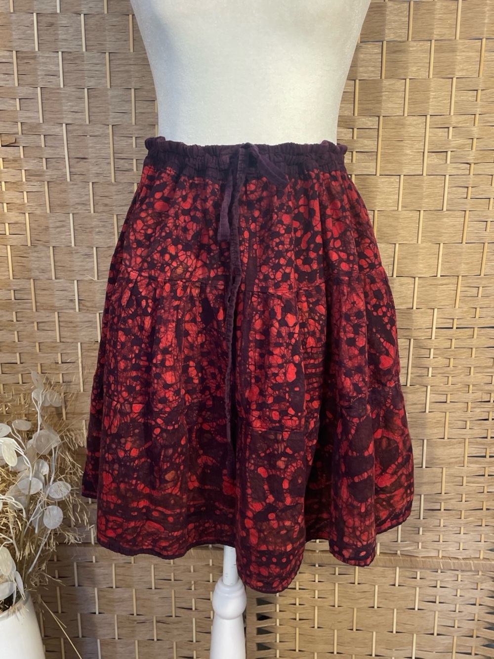 Red and purple cotton tie dye print skirt with elastic and drawstring waist